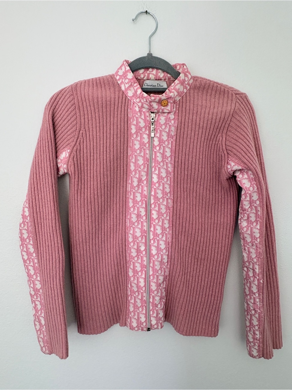 Christian Dior Cashmere Vintage Pink Ribbed Knit Trotter Paneled Zip-Up Cardigan